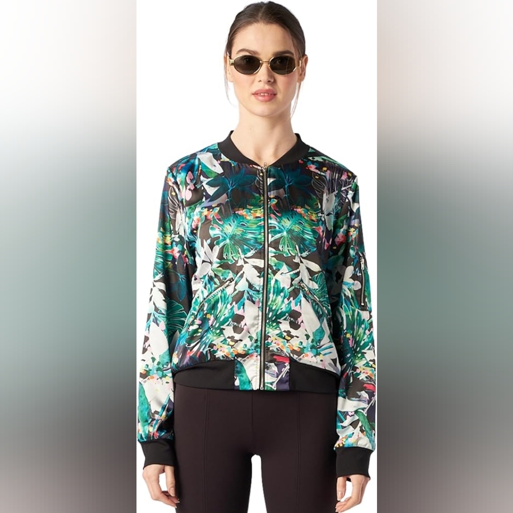 X by Gottex Satin Bomber Jacket Tropical Print - Picture 2 of 4